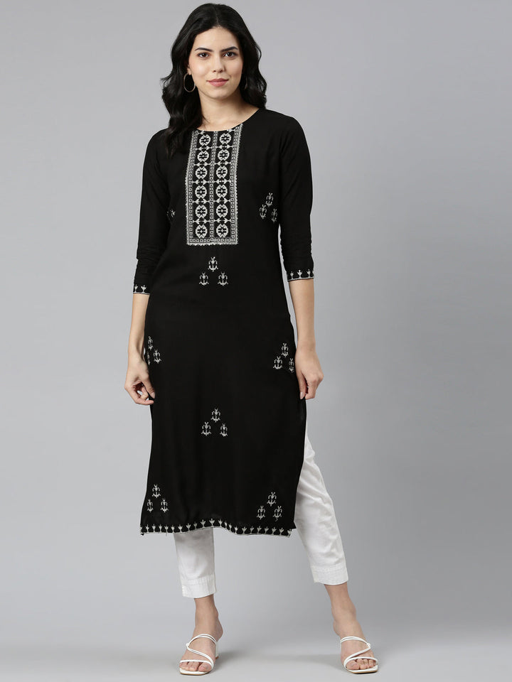 Neerus Black rayon embroidered straight kurti - detail view 2