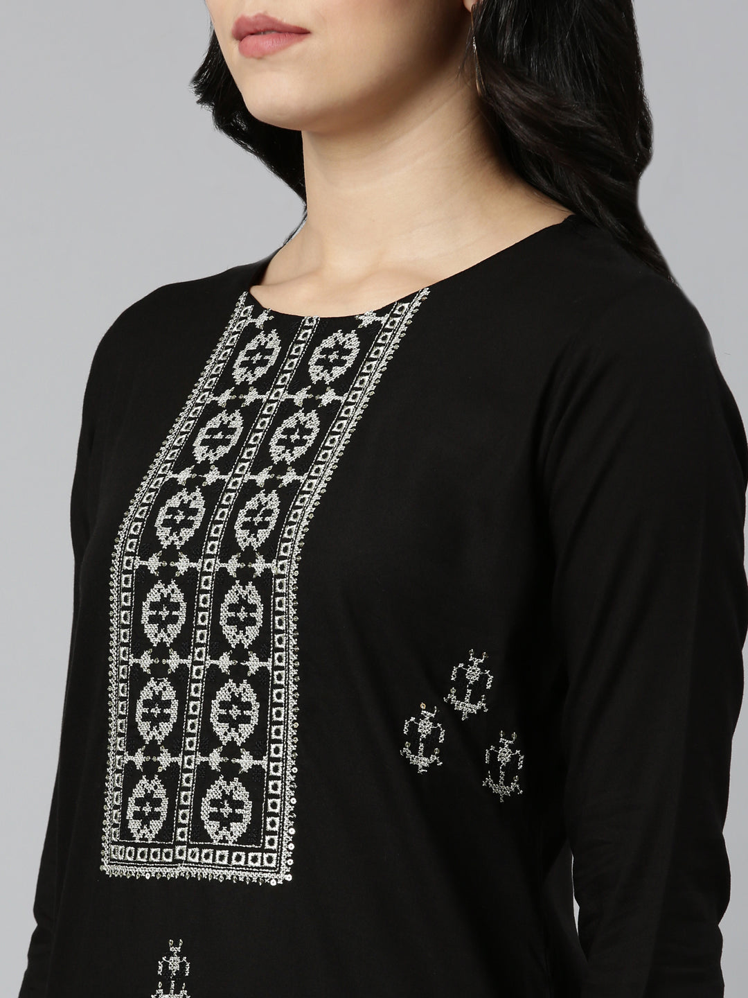 Neerus Black rayon embroidered straight kurti - detail view 1