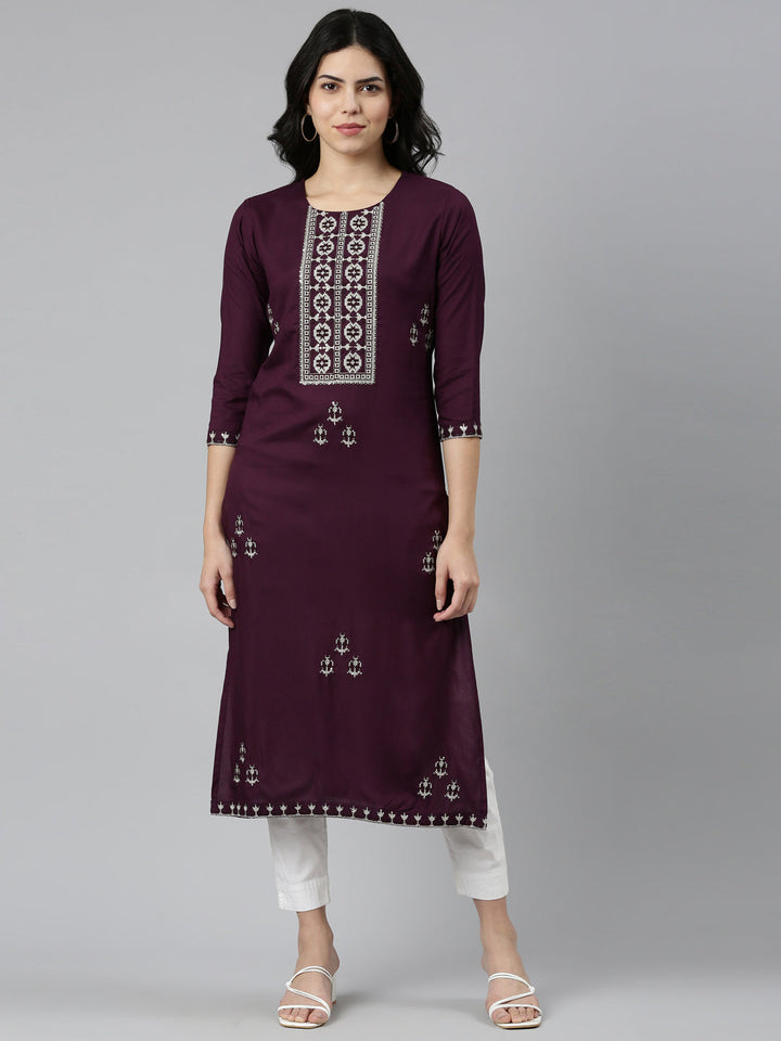 Neerus Purple embroidered straight kurti - front view