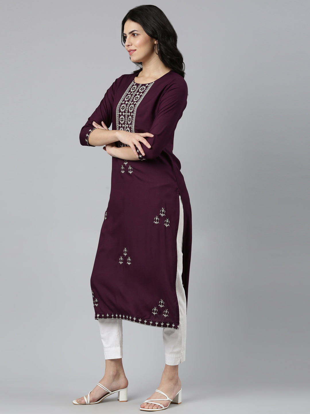 Neerus Purple embroidered straight kurti - back view