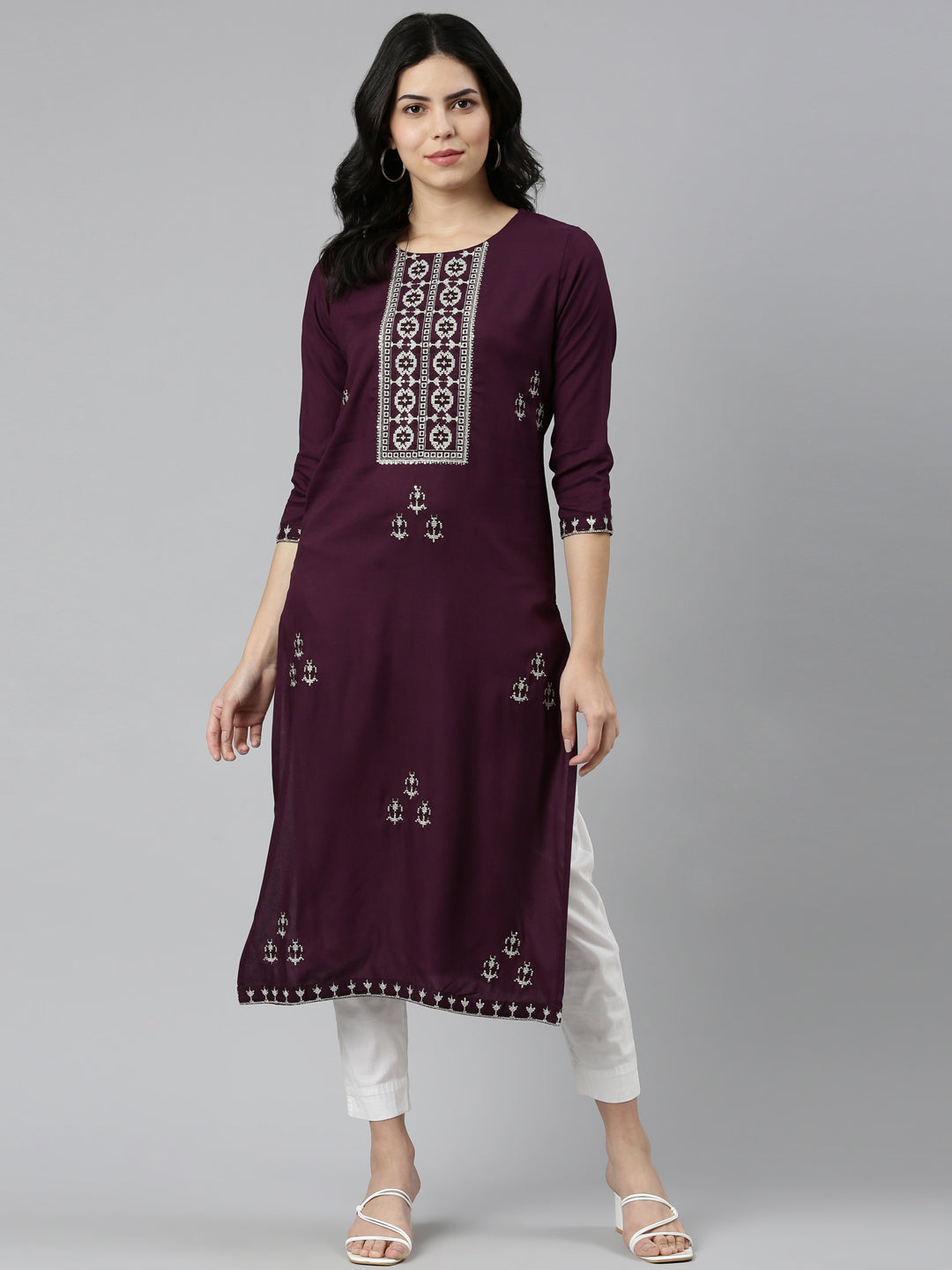 Neerus Purple embroidered straight kurti - detail view 2