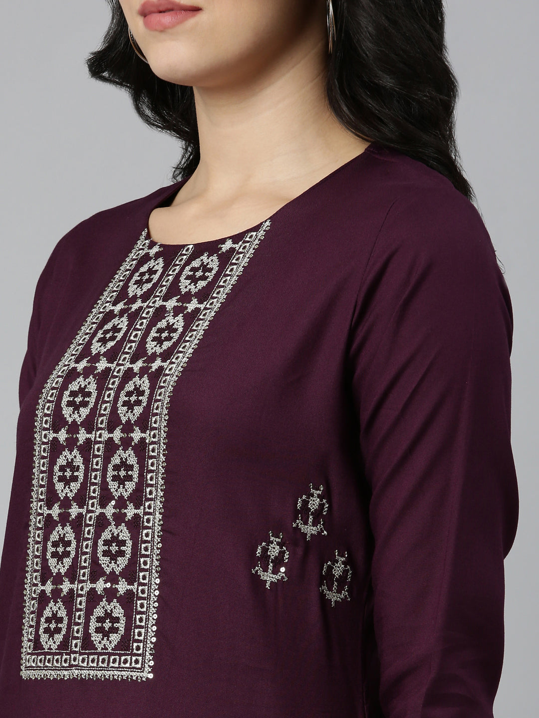 Neerus Purple embroidered straight kurti - detail view 1