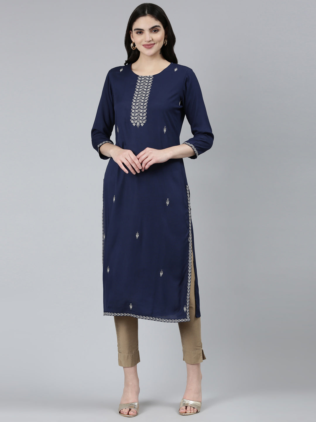 Neerus Blue floral printed straight kurti - front view