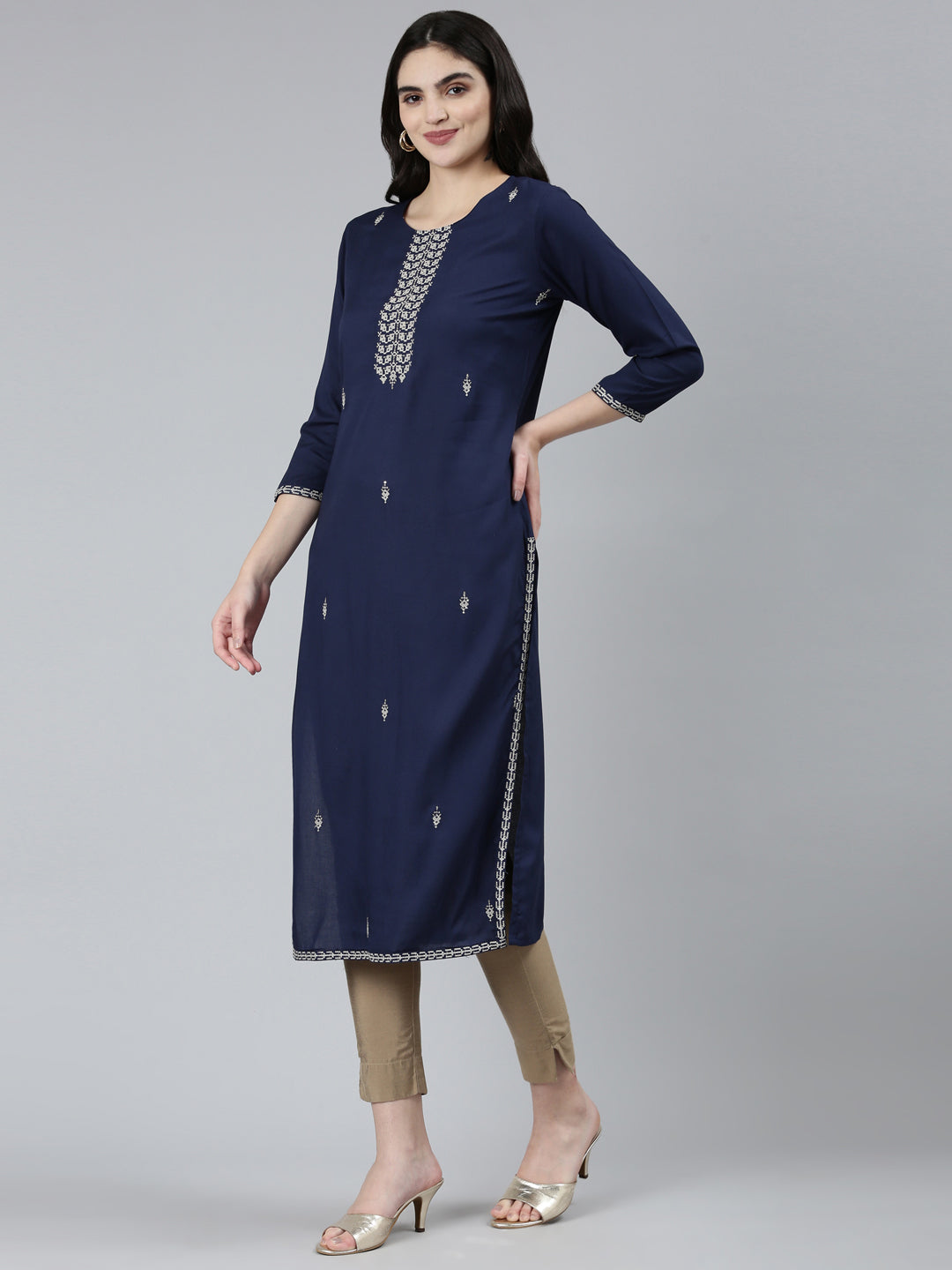 Neerus Blue floral printed straight kurti - back view