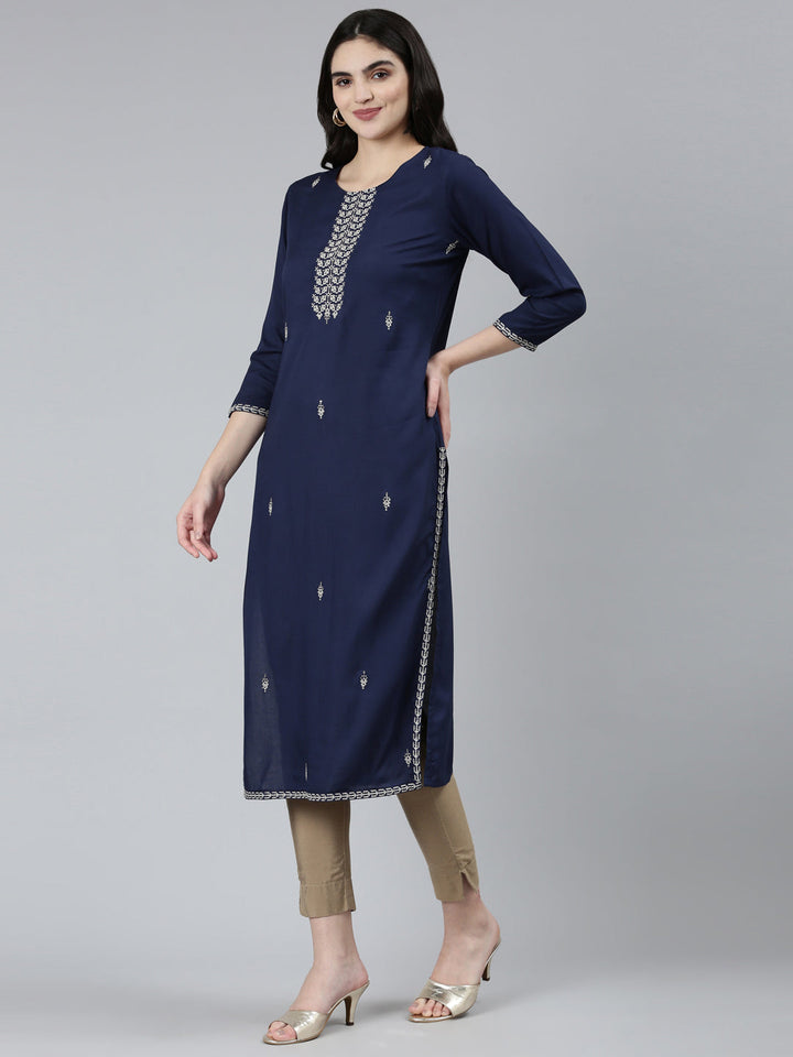 Neerus Blue floral printed straight kurti - back view