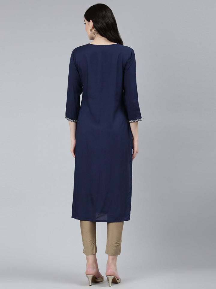 Neerus Blue floral printed straight kurti - side view