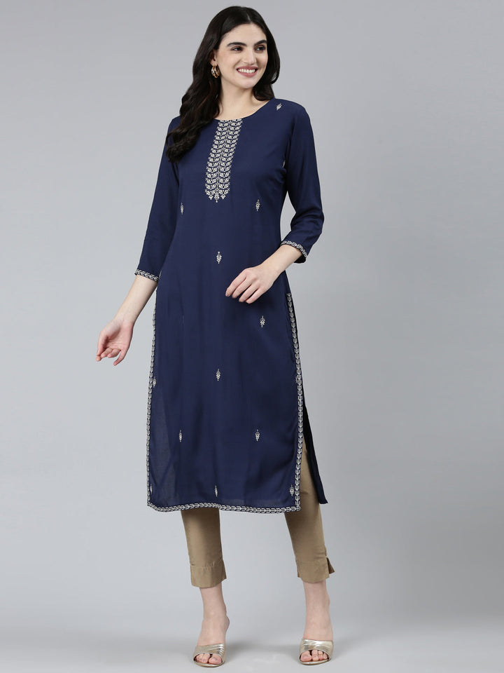 Neerus Blue floral printed straight kurti - detail view 2