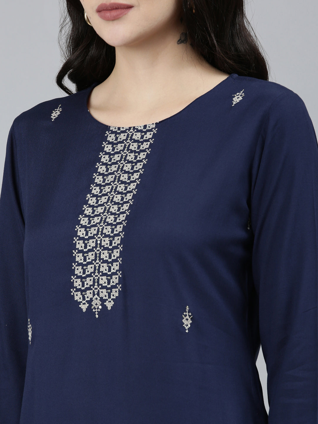 Neerus Blue floral printed straight kurti - detail view 1