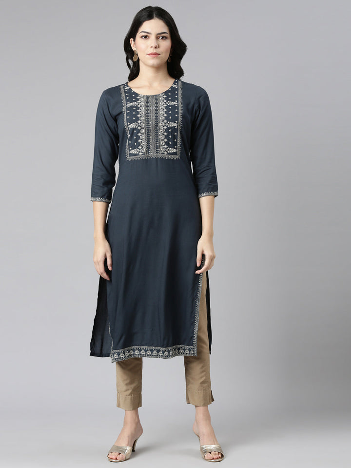 Neerus Grey rayon embroidered straight kurti - front view