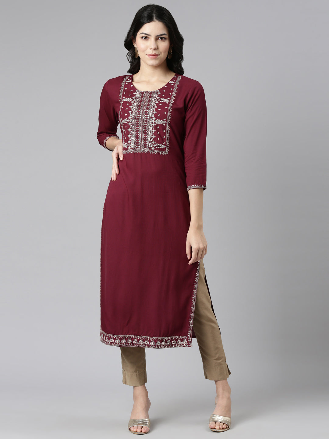 Neerus Maroon embroidered straight kurti - front view