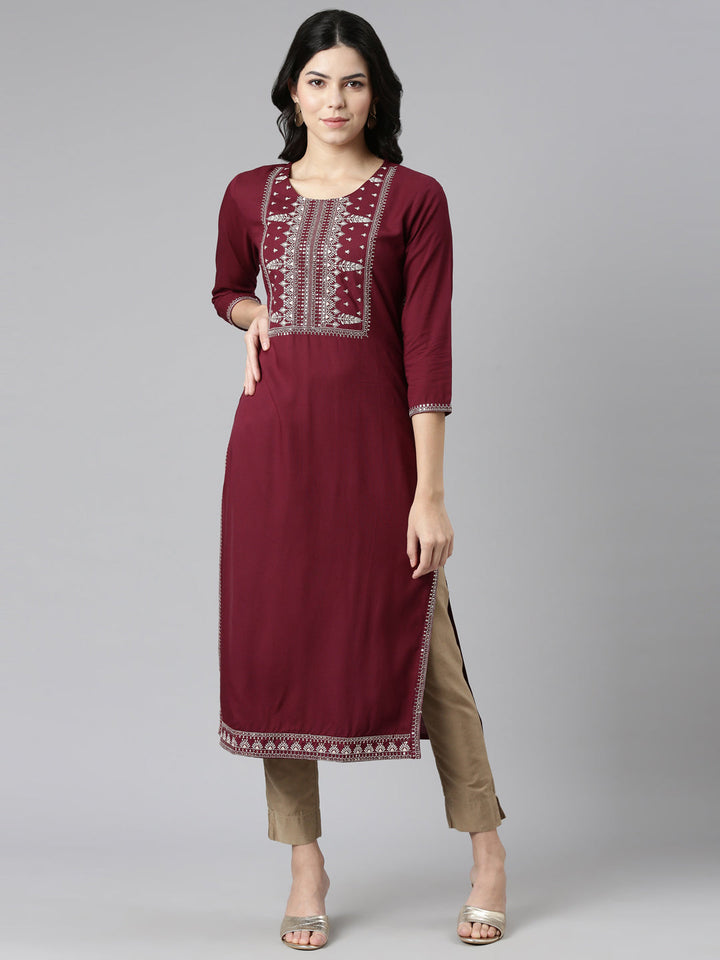 Neerus Maroon embroidered straight kurti - front view