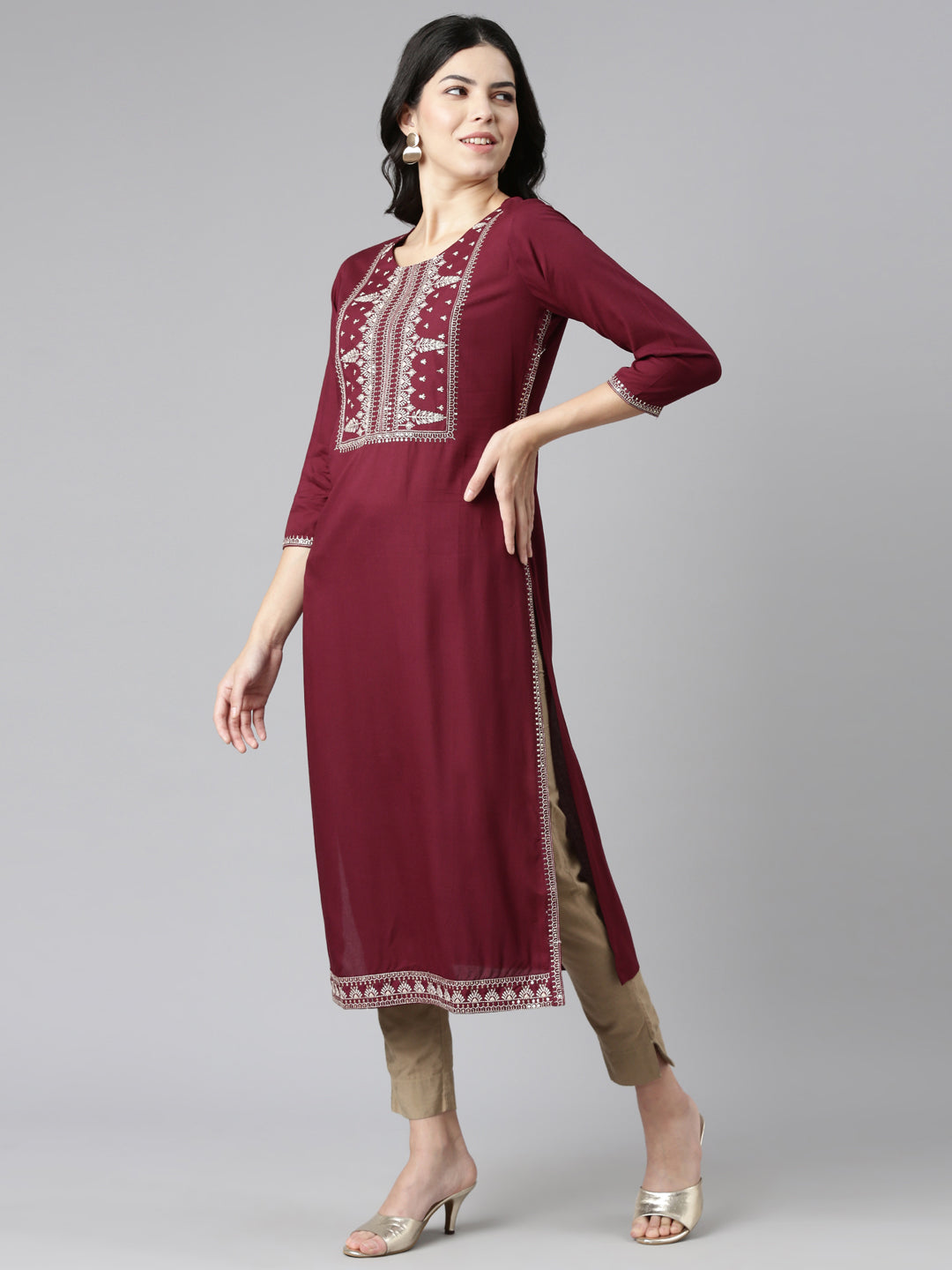 Neerus Maroon embroidered straight kurti - back view