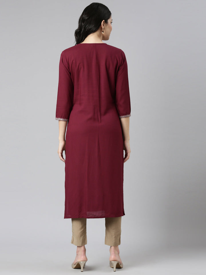 Neerus Maroon embroidered straight kurti - side view