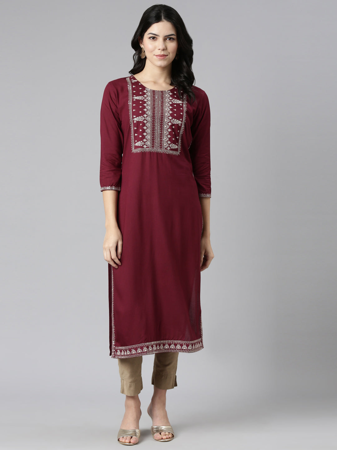 Neerus Maroon embroidered straight kurti - detail view 2