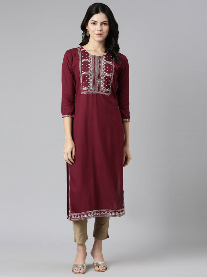 Neerus Maroon embroidered straight kurti - detail view 2