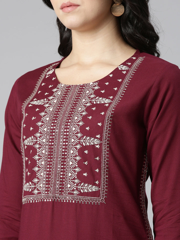 Neerus Maroon embroidered straight kurti - detail view 1