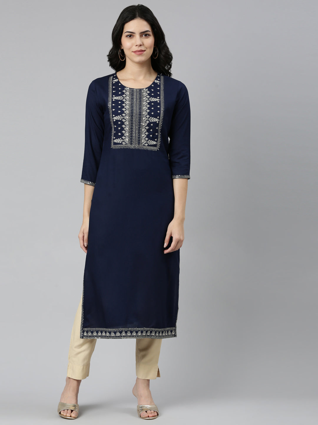 Neerus Blue rayon solid straight kurti - front view