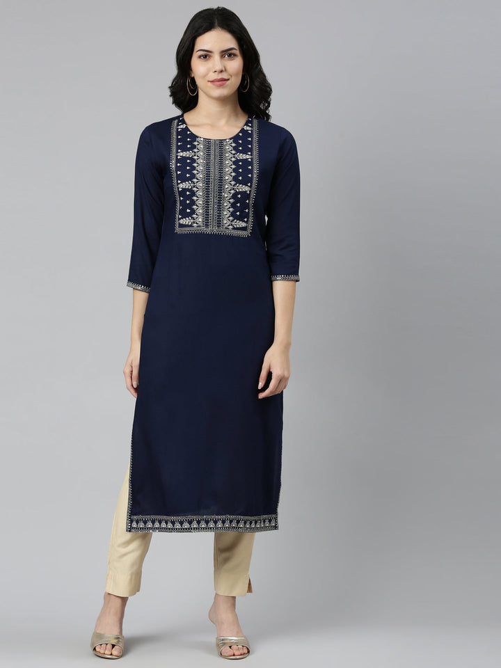 Neerus Blue rayon solid straight kurti - front view