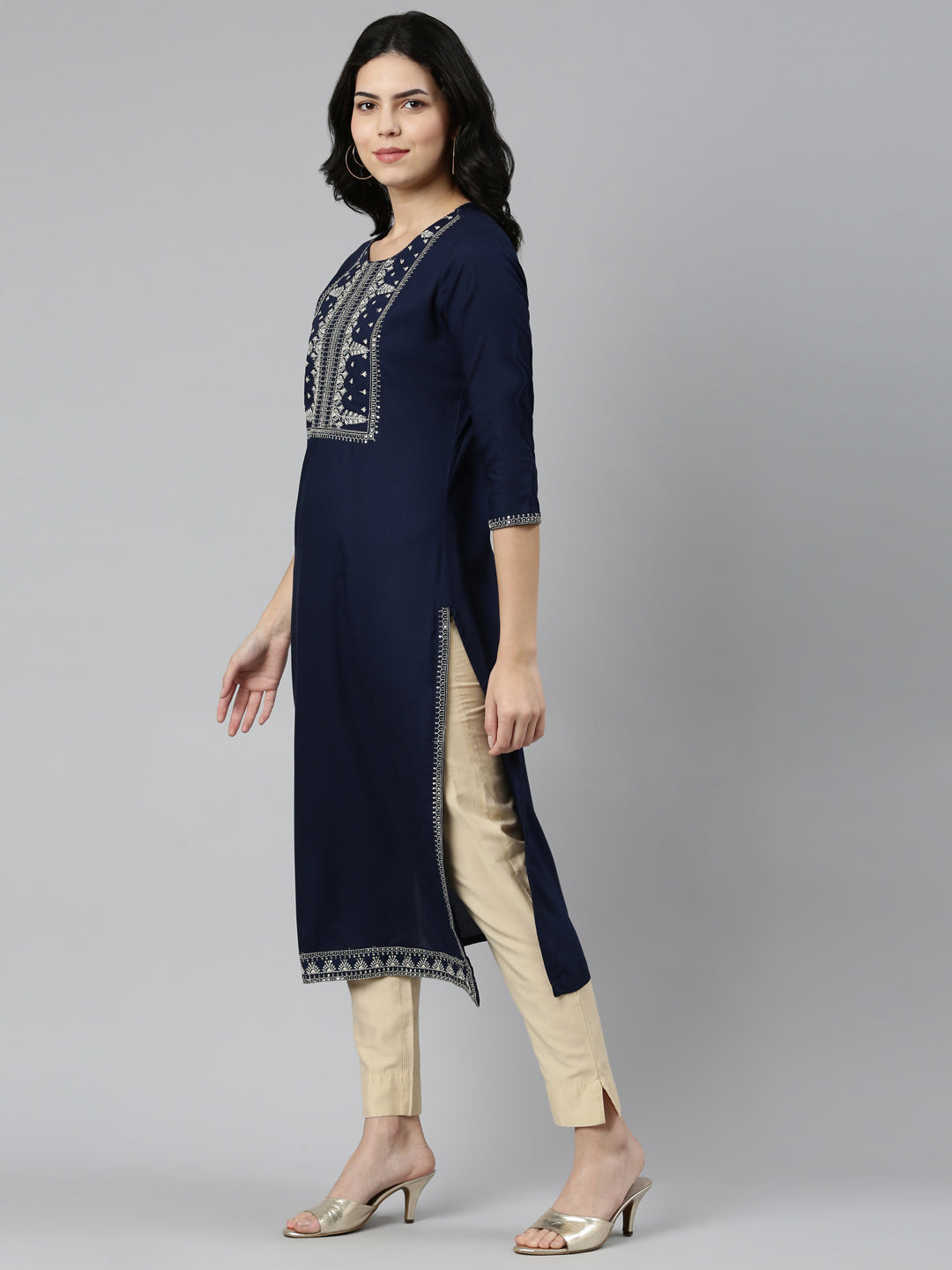 Neerus Blue rayon solid straight kurti - back view