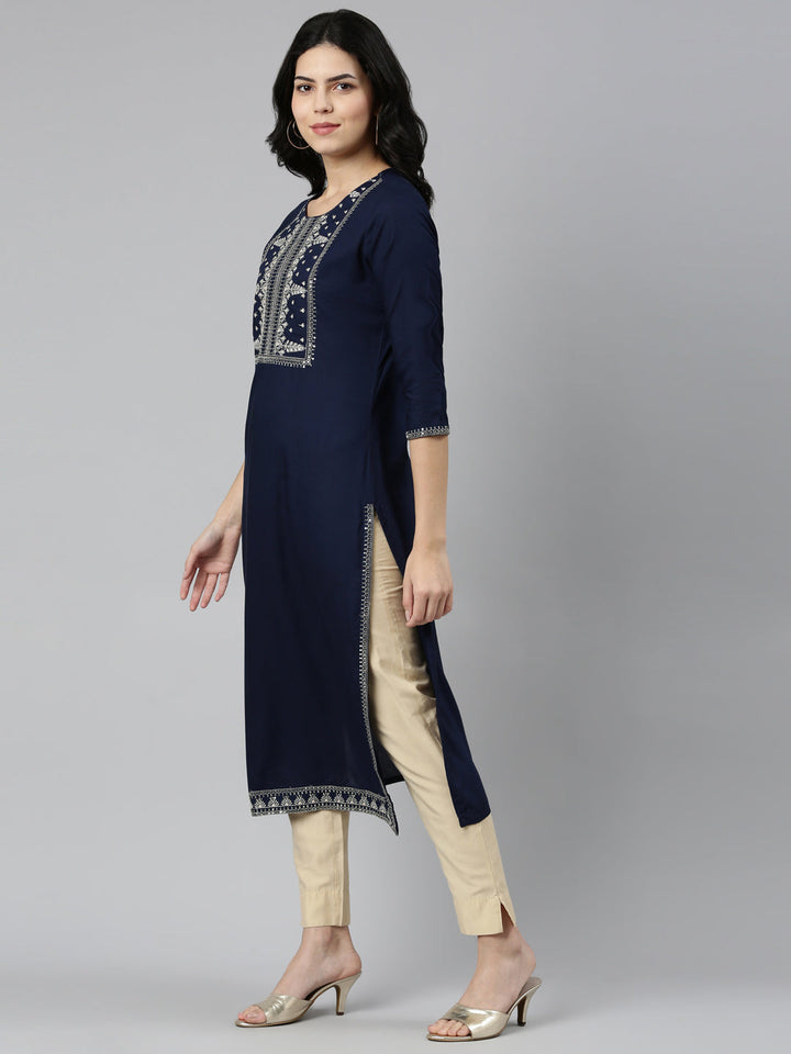 Neerus Blue rayon solid straight kurti - back view