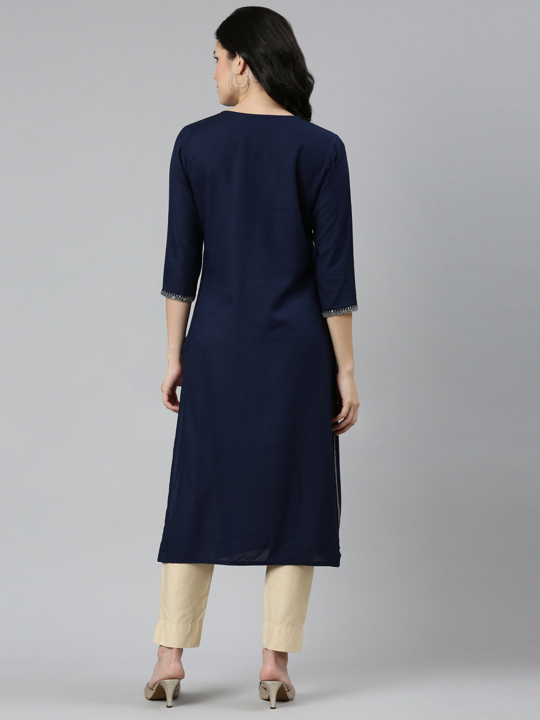 Neerus Blue rayon solid straight kurti - side view