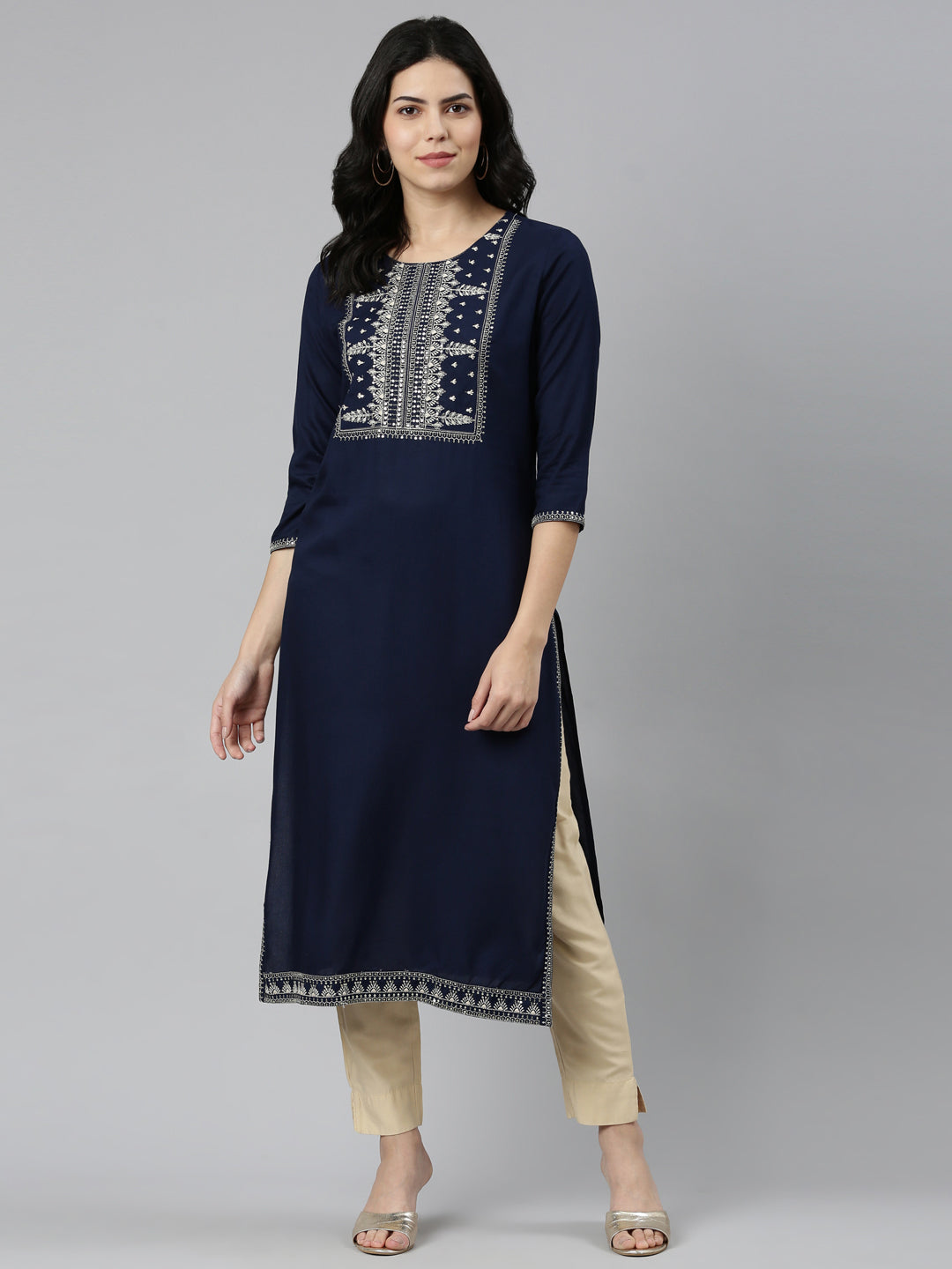 Neerus Blue rayon solid straight kurti - detail view 3