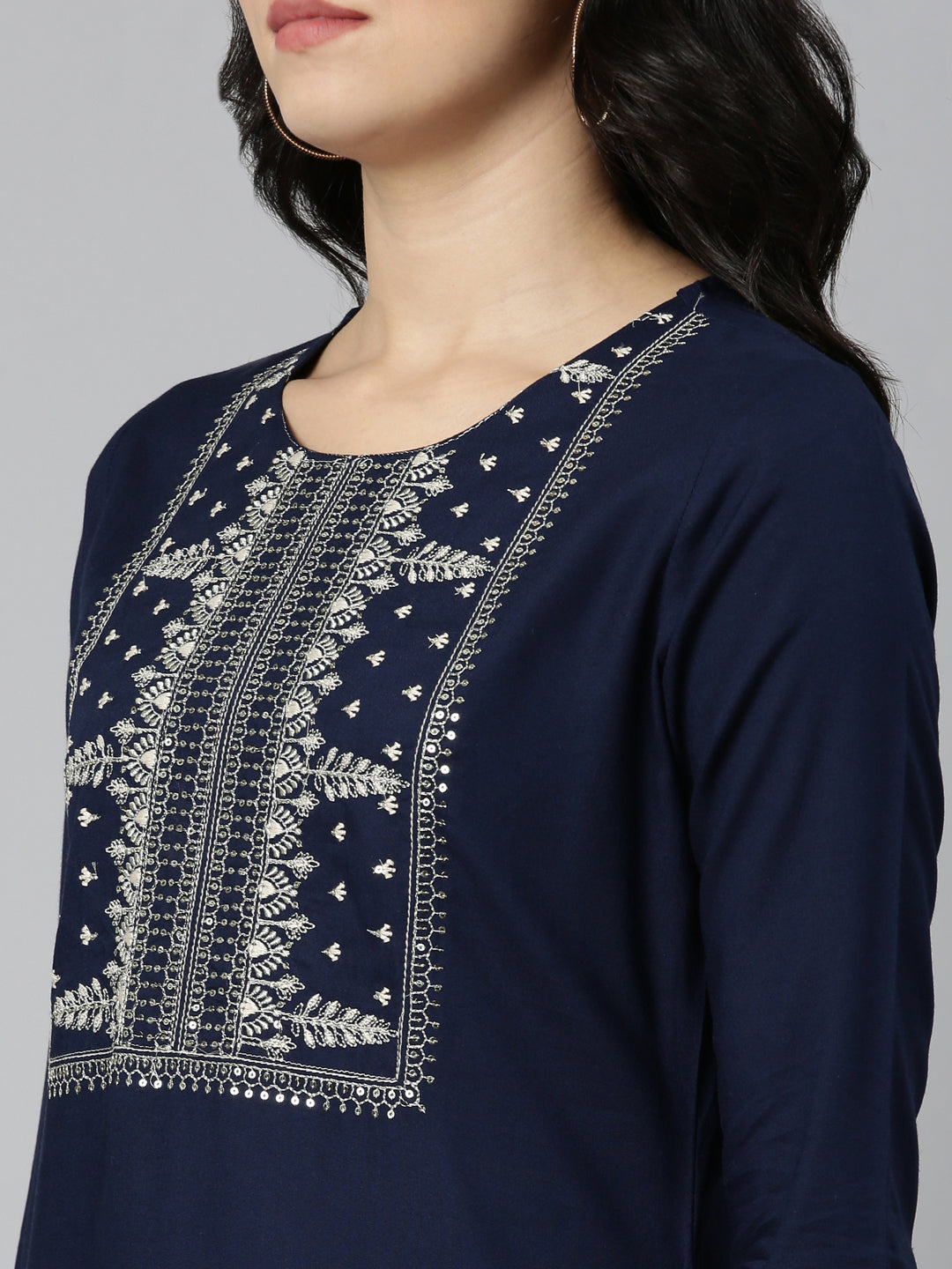 Neerus Blue rayon solid straight kurti - detail view 2