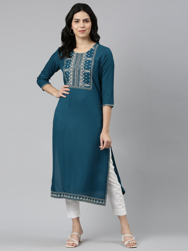 Neerus Green rayon solid straight kurti - detail view 2