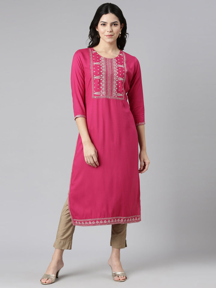 Neerus Pink rayon embroidered straight kurti - front view