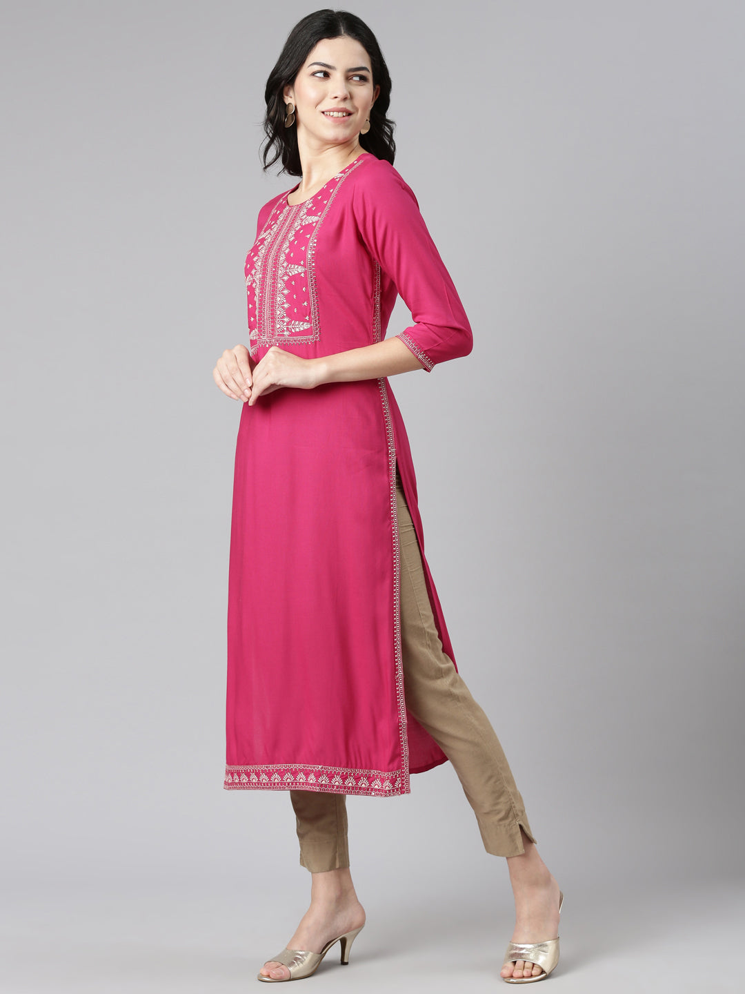 Neerus Pink rayon embroidered straight kurti - back view