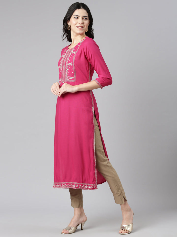 Neerus Pink rayon embroidered straight kurti - back view