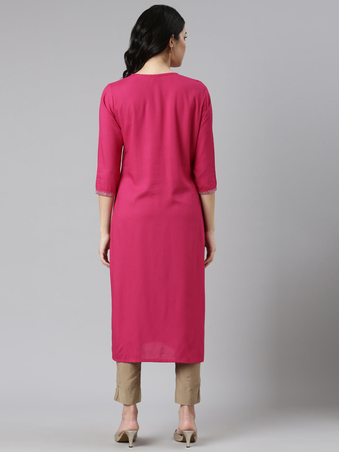 Neerus Pink rayon embroidered straight kurti - side view