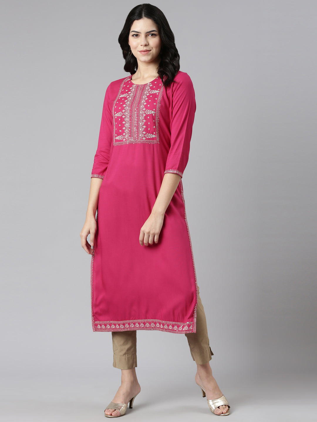 Neerus Pink rayon embroidered straight kurti - detail view 2