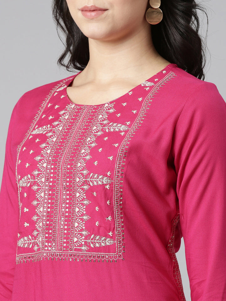 Neerus Pink rayon embroidered straight kurti - detail view 1