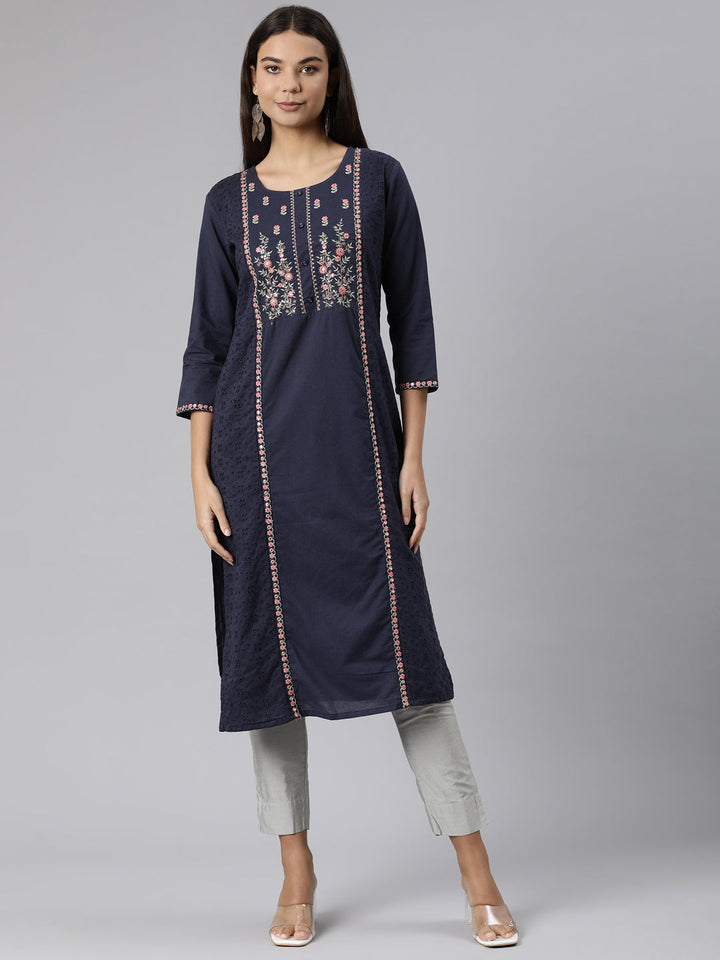 Neerus Blue cotton printed straight kurti - front view