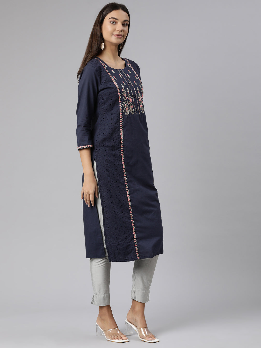 Neerus Blue cotton printed straight kurti - back view