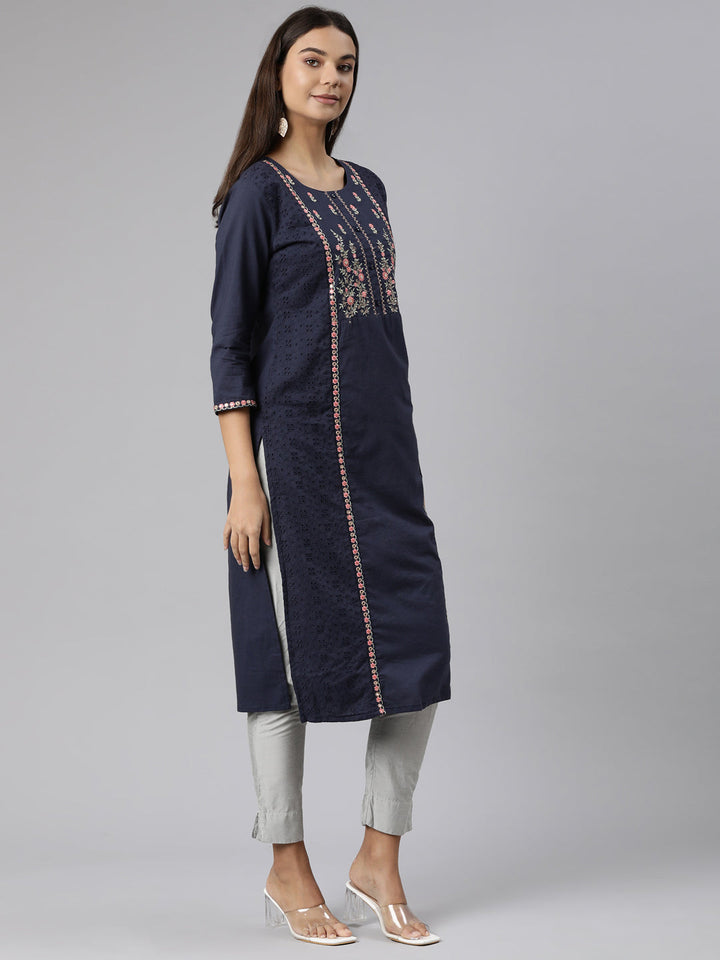 Neerus Blue cotton printed straight kurti - back view