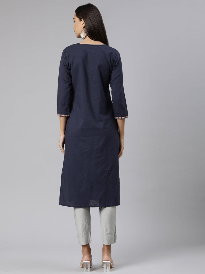 Neerus Blue cotton printed straight kurti - side view