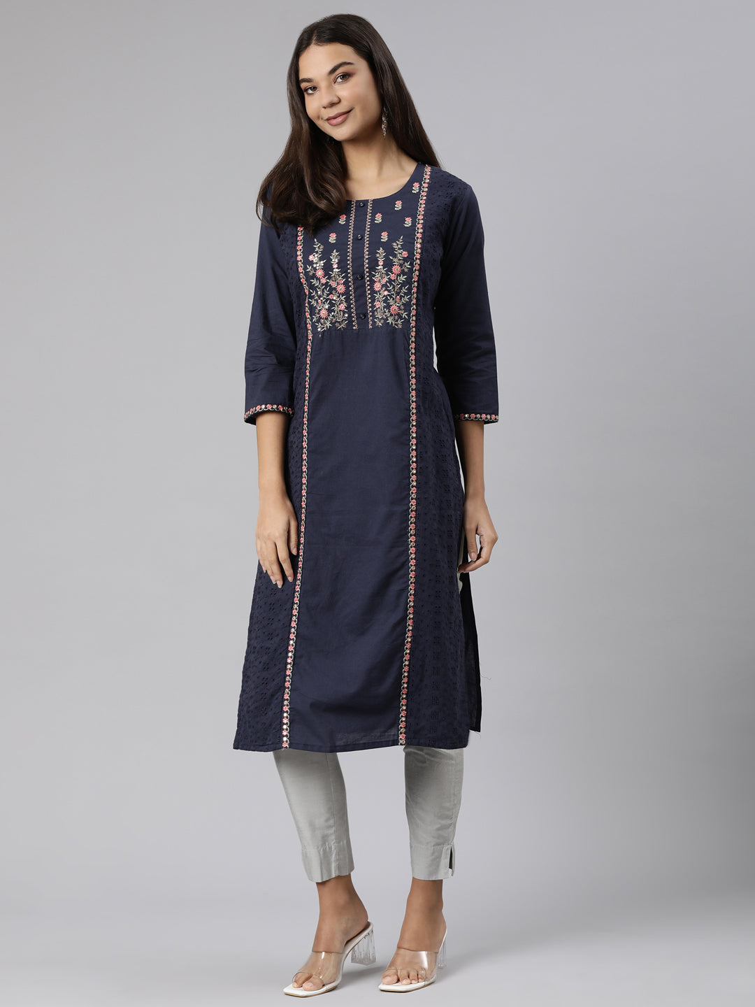 Neerus Blue cotton printed straight kurti - detail view 2