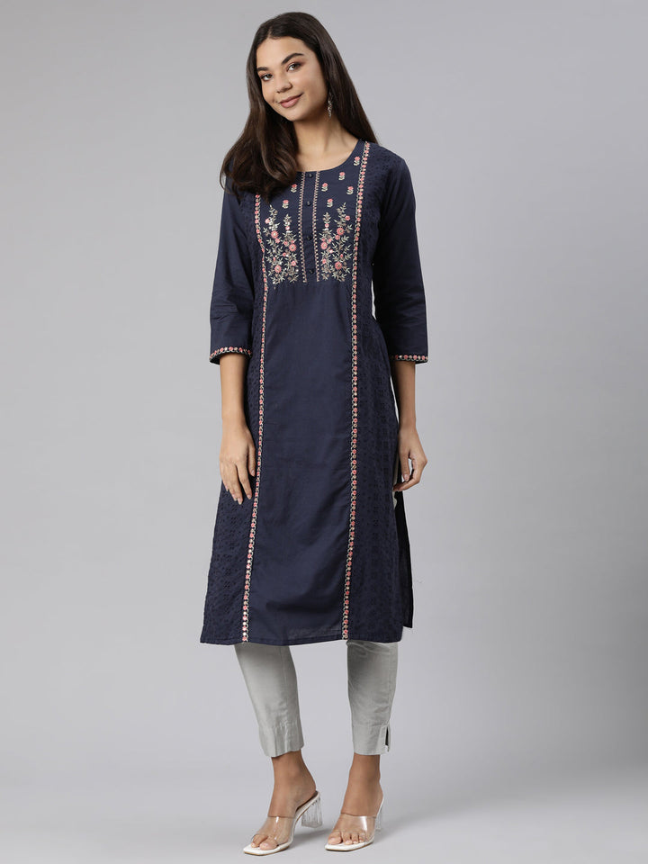 Neerus Blue cotton printed straight kurti - detail view 2