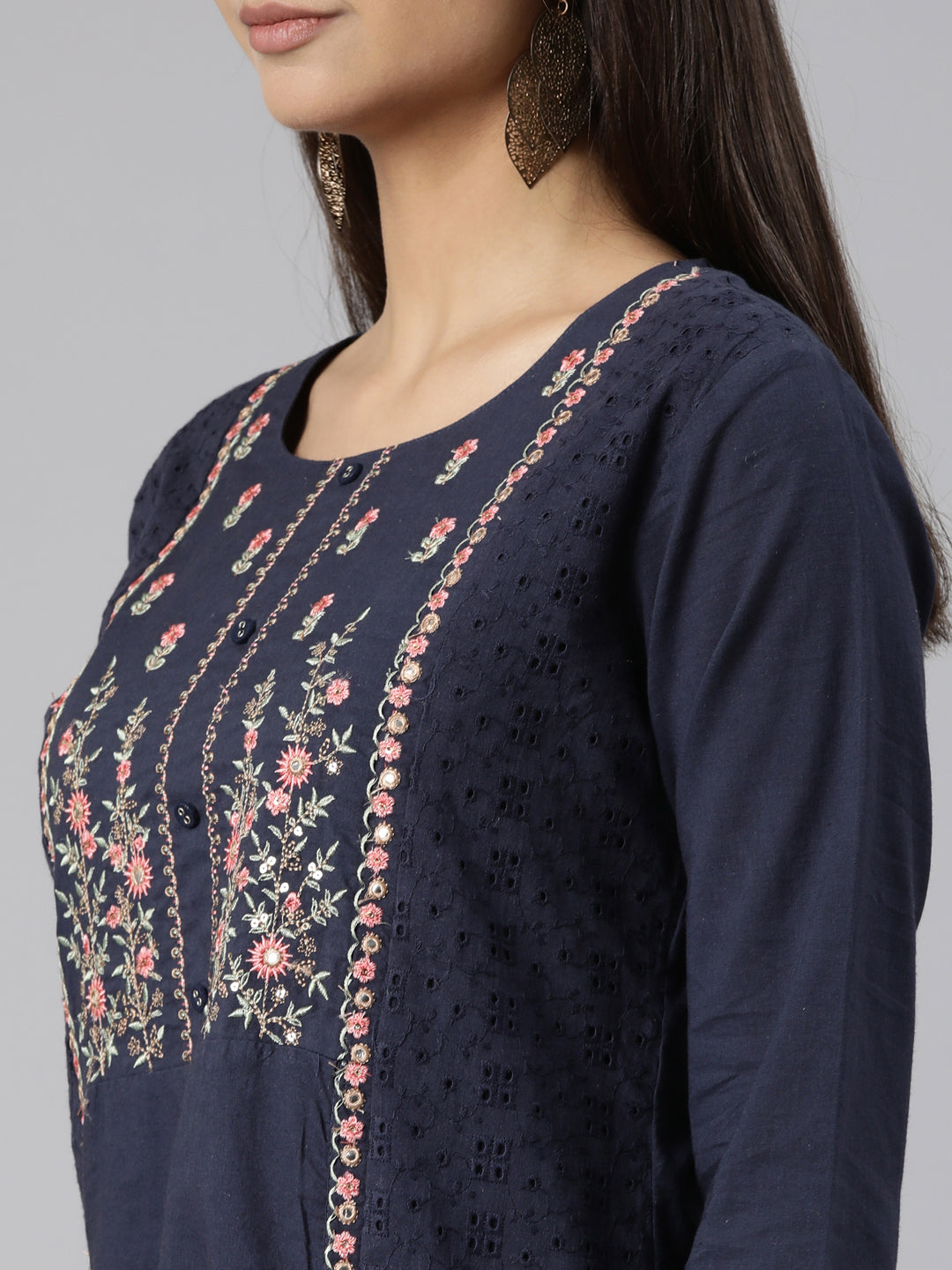 Neerus Blue cotton printed straight kurti - detail view 1