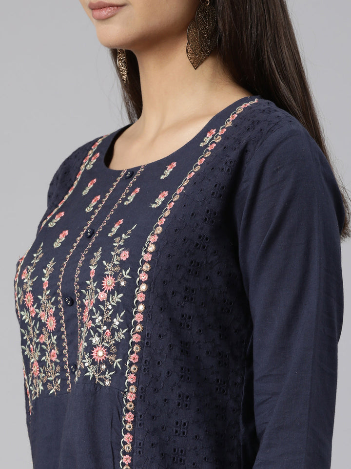 Neerus Blue cotton printed straight kurti - detail view 1