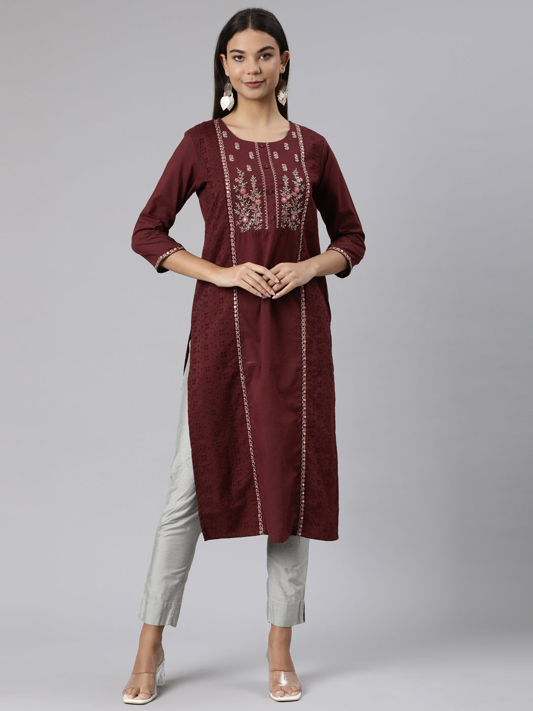 Neerus Brown cotton printed straight kurti - front view