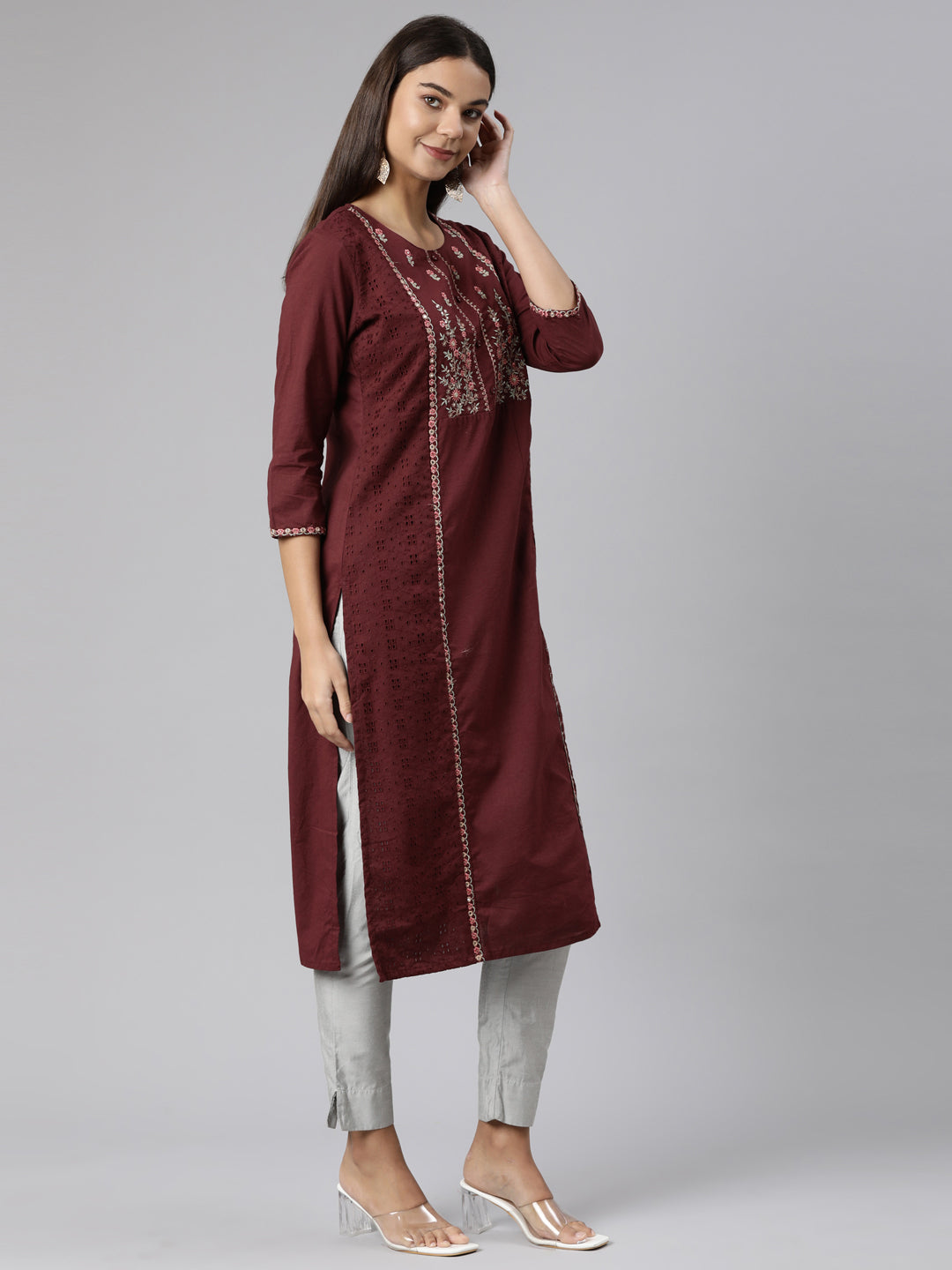 Neerus Brown cotton printed straight kurti - back view