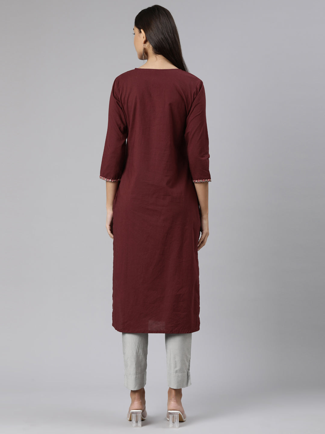 Neerus Brown cotton printed straight kurti - side view