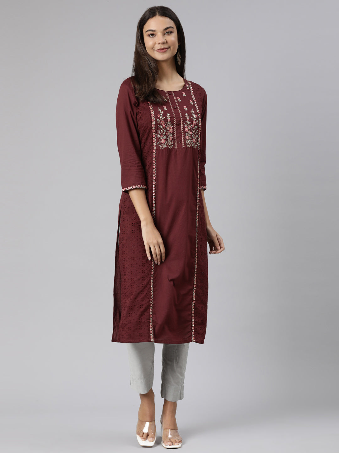 Neerus Brown cotton printed straight kurti - detail view 1