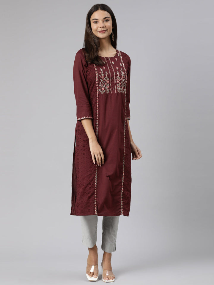 Neerus Brown cotton printed straight kurti - detail view 1