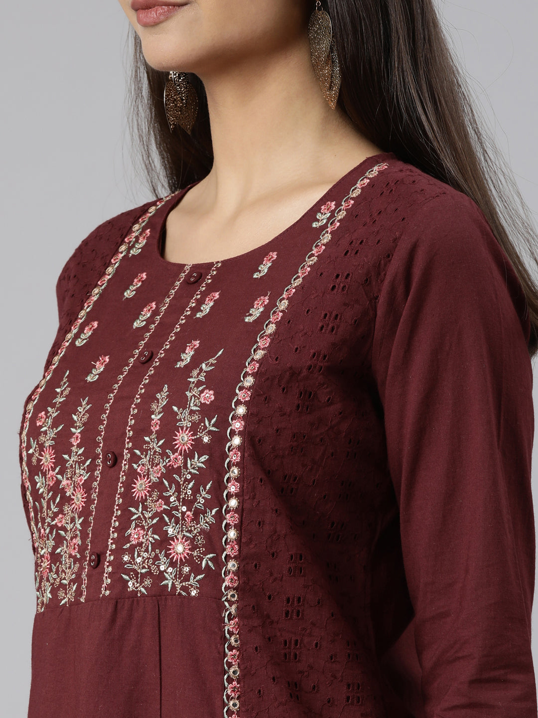 Neerus Brown cotton printed straight kurti - detail view 2