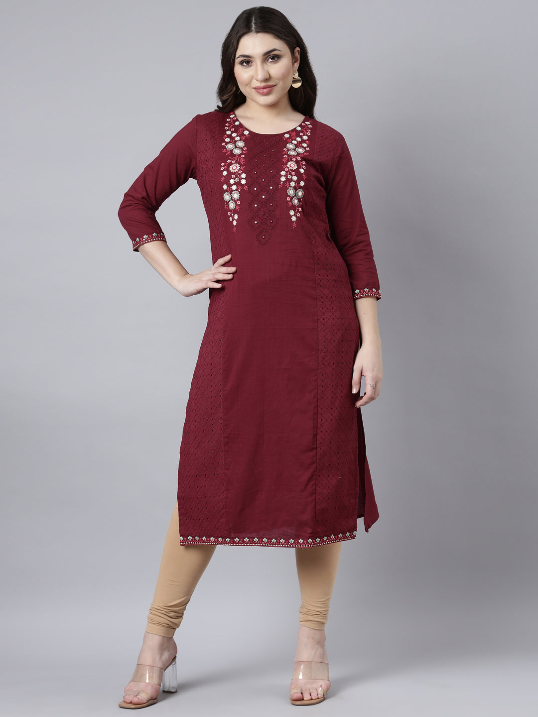 Neerus Maroon cotton solid straight kurti - front view