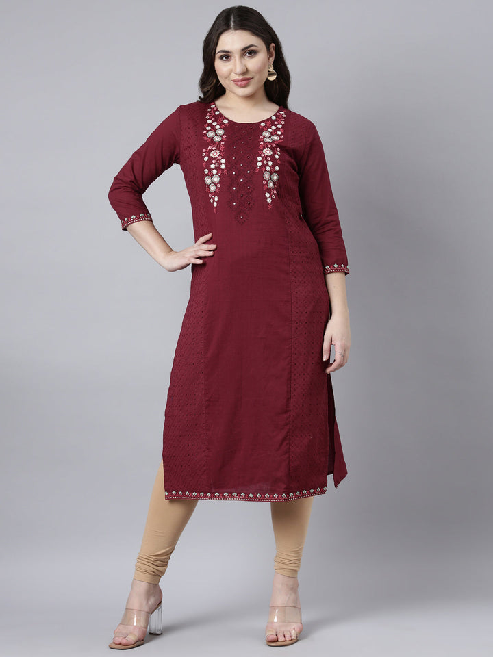 Neerus Maroon cotton solid straight kurti - front view
